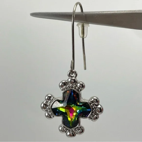 Bold Cross Multiple Colors Swarovski Crystal Long Dangle Earrings Hook Setting